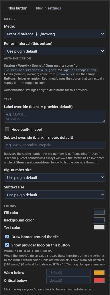 Per-button settings — metric picker, authentication, text overrides, colors