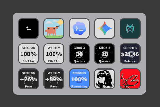 Usage Buttons in Stream Deck — folder home opening into per-provider mini-dashboards across Claude, OpenAI Codex, OpenClaw, Nous Research, Perplexity, Ollama, Grok, Gemini, and more