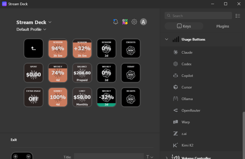 Usage Buttons in Stream Deck — Claude session, weekly, and sonnet percentages with provider list