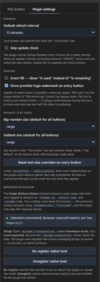 Plugin-wide settings — refresh interval, display options, text sizes